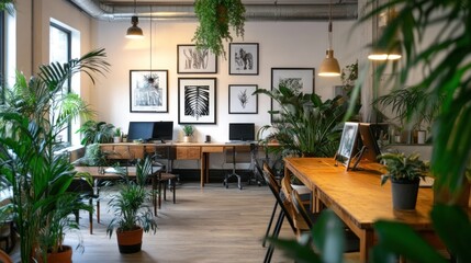 Aufkleber - Modern office with abundant plants, wooden desks, and framed artwork.