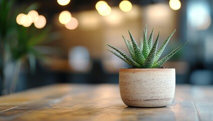 Aufkleber - Small succulent plant in a beige pot on a wooden table in a cafe.