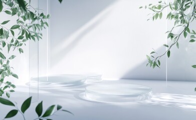Poster - Two clear glass podiums in a minimalist white room with sunlight and green leaves.