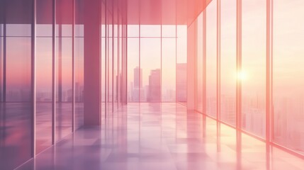 Poster - Modern office interior with panoramic city sunset view.