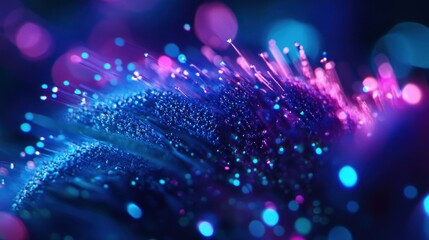 Poster - Abstract glowing fiber optic strands, vibrant blue and pink bokeh lights.