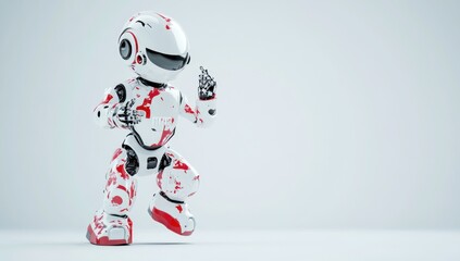 Poster - Red and white robot character in action pose on white background.