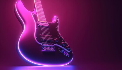 Poster - Electric guitar with neon glow, vibrant pink and purple lighting, studio shot.