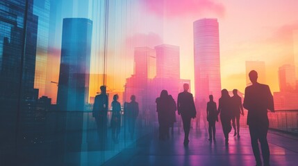 Aufkleber - Silhouetted business people walking in city at sunset, reflected in modern building.