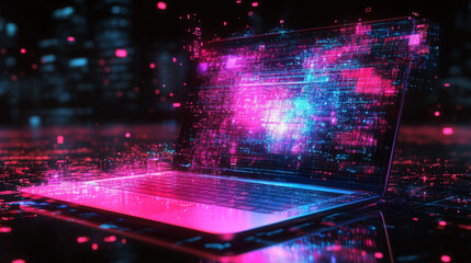 Poster - The bar chart of a hologram. The laptop is an isometric view. Future technology