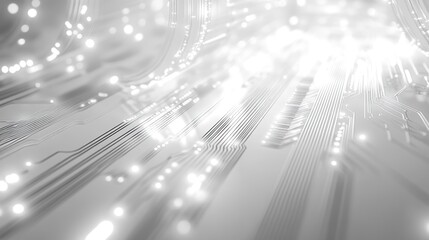 Poster - Abstract grayscale circuit board with glowing lines and particles, representing digital technology and data flow.
