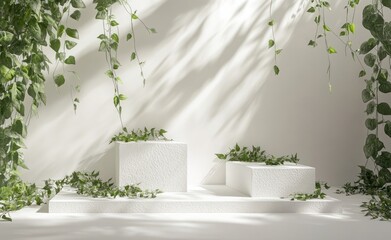 Aufkleber - White podiums with green vines and sunlight shadows.