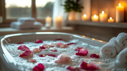 Wall Mural - Relaxing bubble bath with rose petals and soft candlelight in a serene bathroom setting