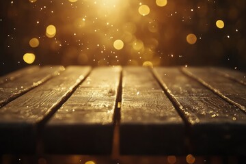 Fototapete - Dark wooden table with bokeh lights.