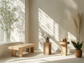 Poster - Minimalist interior design with wooden bench, side table, plants, and sunlight.