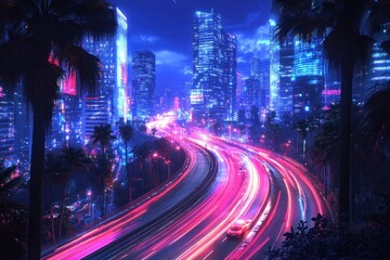 Poster - Night cityscape with vibrant highway and palm trees.
