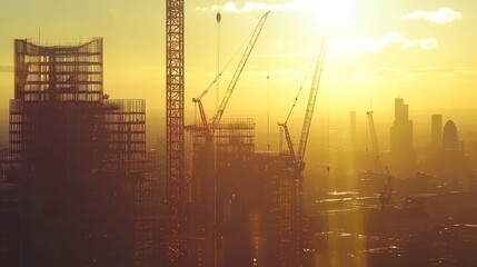 Aufkleber - Sunset over city construction site with multiple cranes and high-rise buildings under construction.