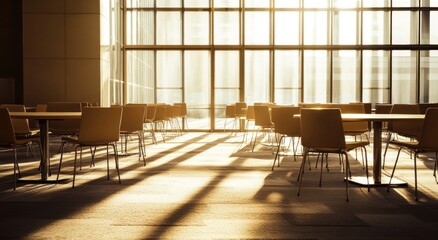 Poster - Sunlit modern cafe interior with empty tables and chairs.