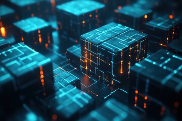 Poster - Glowing blue and orange circuit cubes, futuristic technology background.
