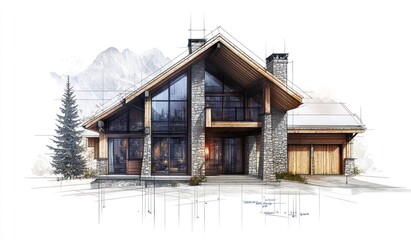 Poster - Architectural sketch of a modern mountain home with large windows, stone exterior, and attached garage.