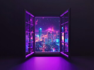 Poster - Night city view from open window with neon glow.