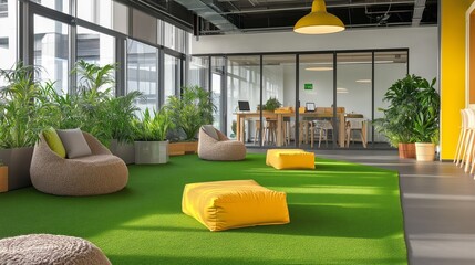 Aufkleber - This vibrant coworking space features cozy cushions and lush plants, offering a relaxing area for creative minds to brainstorm and collaborate