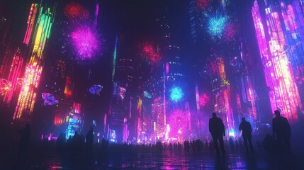 Poster - Futuristic city skyline at night with vibrant fireworks and silhouettes of people.