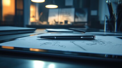 Poster - Sleek pen rests on design sketches atop a tablet on a dark desk in a dimly lit office.