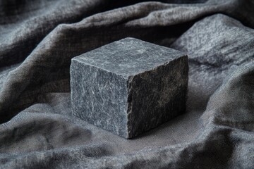 Poster - Dark gray stone cube on crumpled fabric.