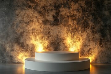 Poster - Two-tiered white podium against a textured, illuminated wall.
