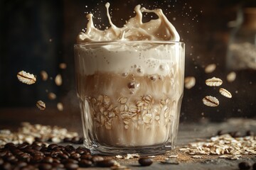 Aufkleber - Iced coffee with oat milk and oats splashing in a glass.