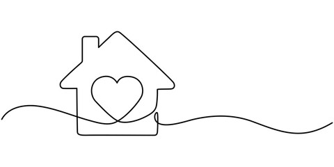 Aufkleber - Home Sweet Home Continuous Line Icon, Heart inside house continuous one line drawn. Love home concept. Vector illustration isolated on white, Home Sweet Home Continuous Line Icon, Home with heart line