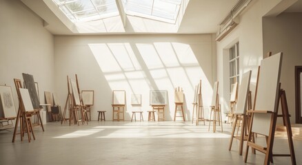 Aufkleber - Sunlit art studio interior with easels, canvases, and natural light.