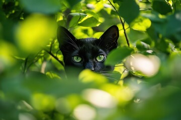 Poster - Black cat with green eyes peering from lush green foliage.