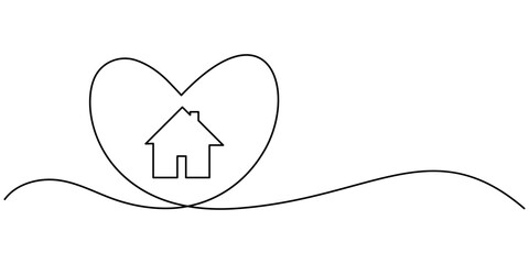 Poster - Home Sweet Home Continuous Line Icon, Heart inside house continuous one line drawn. Love home concept. Vector illustration isolated on white, Home Sweet Home Continuous Line Icon, Home with heart line