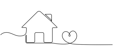 Poster - Home Sweet Home Continuous Line Icon, Heart inside house continuous one line drawn. Love home concept. Vector illustration isolated on white, Home Sweet Home Continuous Line Icon, Home with heart line
