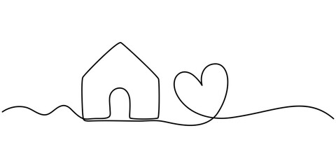 Aufkleber - Home Sweet Home Continuous Line Icon, Heart inside house continuous one line drawn. Love home concept. Vector illustration isolated on white, Home Sweet Home Continuous Line Icon, Home with heart line