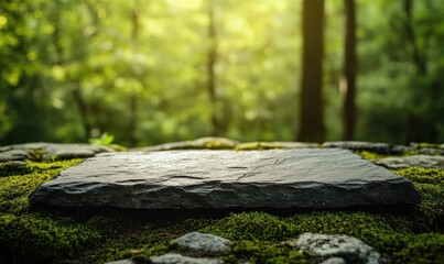 Poster - dark stone slab on mossy surface with blurred forest background.