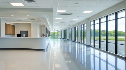 Leinwandbilder - Modern bright hallway with reception desk and large windows overlooking a green landscape.