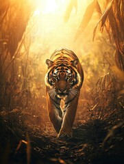 Aufkleber - Solitary tiger strides through deforested jungle under golden sunset light. Generative AI