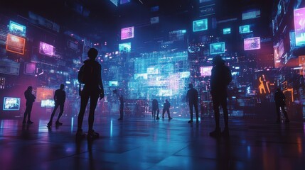 Aufkleber - Silhouetted figures in a vibrant, digital, neon-lit cityscape of screens and data streams.