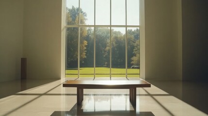 Aufkleber - Sunlit wooden bench in minimalist room overlooking serene park.