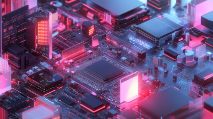 Poster - Colorful abstract representation of a circuit board with glowing components in a high-tech environment