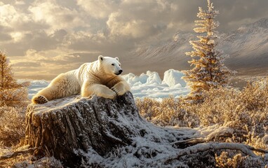 Majestic polar bear resting on snow-covered tree stump in arctic landscape at sunset.