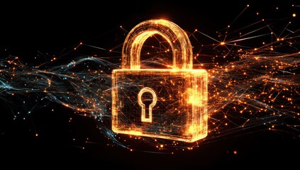 Poster - Glowing digital padlock secured by data streams.
