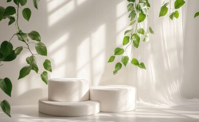 Aufkleber - Minimalist white podium with greenery and sunlight.