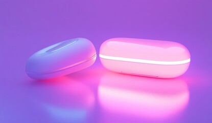 Poster - Pink and white wireless earbuds charging case with glowing light.