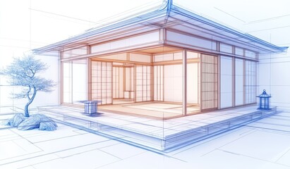 Poster - Architectural blueprint of a Japanese-style house with shoji screens, tatami mats, and a zen garden.
