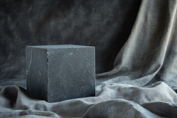 Aufkleber - Dark grey stone cube on draped fabric.