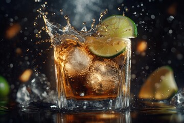 Poster - Iced cola drink with lime splash in rocks glass.