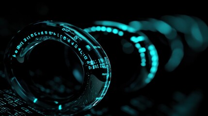 Fototapete - Futuristic glowing glass rings with teal digital code.