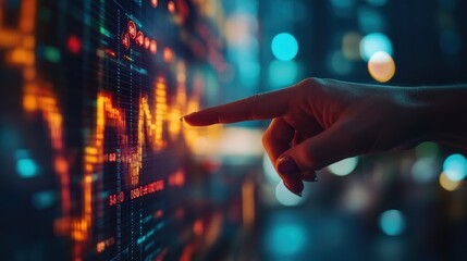 Woman's finger pointing at glowing financial data on a screen at night.