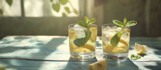 Poster - Two glasses of refreshing lemonade with lemon slices and mint leaves on a rustic wooden table in sunlight.