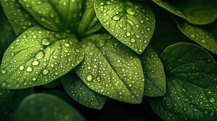 Leinwandbilder - Close-up of lush green leaves covered in water droplets.