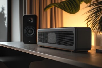 Poster - Modern black soundbar and speaker on wooden surface in warm lit room.
